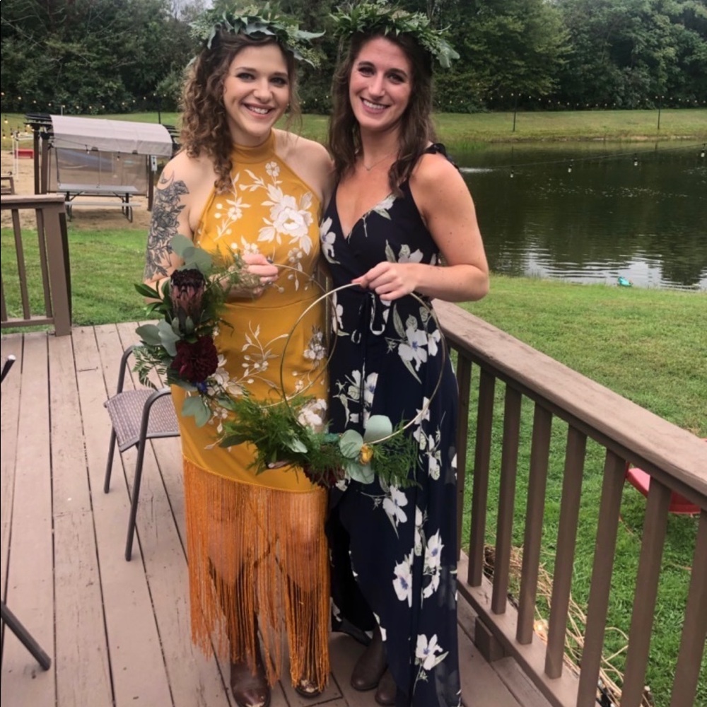 Boho fringe mustard embroidered backless dress